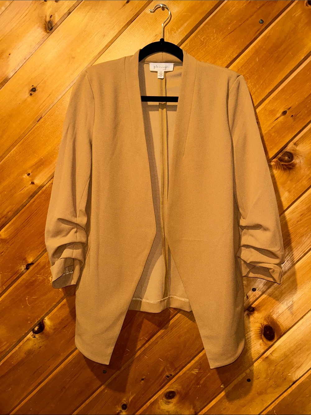 Philosophy Open Front Scrunch 3/4 Sleeve Tan Blazer